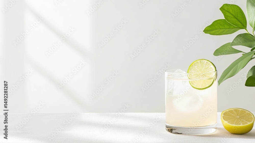 Poster refreshing citrus drink with ice and lime slice on white background lime ice refreshing lemonade tea