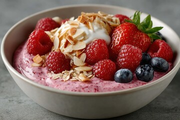 Delicious bowl of yogurt topped with fresh berries and almonds served in a modern setting