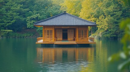 Fototapeta premium Serene wooden houseboat on tranquil lake, surrounded by autumn foliage