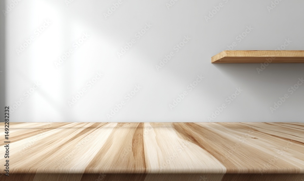 Poster an empty wooden table with a white finish is displayed in front of a white wall, captured in a high-