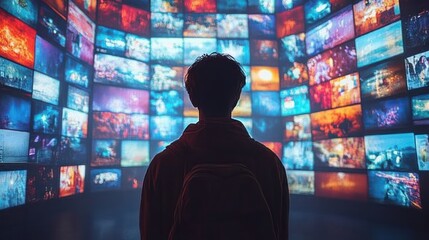 Person standing in front of a large curved wall covered with multiple colorful digital screens displaying various images and videos, evoking curiosity and immersion