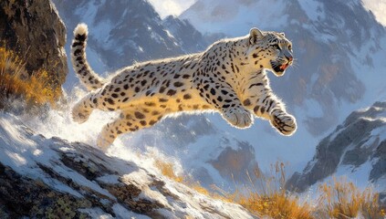 Obraz premium snow leopard mid-leap over rocky and snowy mountain terrain with intense focused expression under bright daylight