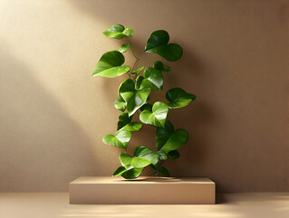 A vibrant, verdant plant with heart-shaped leaves sits on a neutral beige platform against a beige backdrop, bathed in natural light