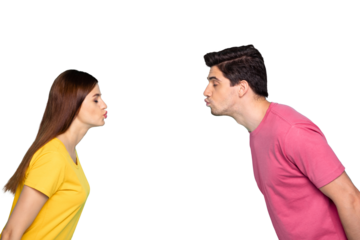 Profile side view portrait of his he her she nice attractive dreamy affectionate couple leaning kissing isolated over bright vivid shine vibrant green turquoise background