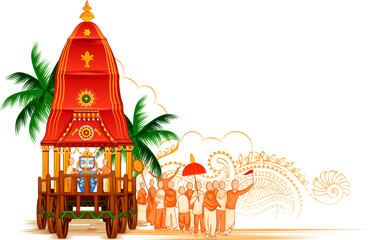 illustration of Lord Jagannath, Balabhadra and Subhadra on annual Rathayatra in Odisha festival background
