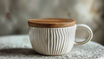 a creamy white ribbed ceramic mug with a wooden lid rests on a textured surface against a blurred background.