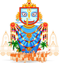 illustration of Lord Jagannath, Balabhadra and Subhadra on annual Rathayatra in Odisha festival background