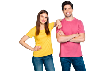 Portrait of his he her she nice attractive lovely charming content cheerful cheery couple new office team coworkers isolated over bright vivid shine vibrant green turquoise background