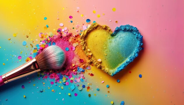 a vibrant, colorful heart shape is created with loose eyeshadow powder and glitter, alongside a makeup brush on a gradient pastel background.