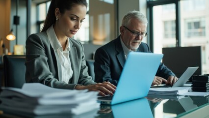 Obraz premium Two people working together on laptops in a modern office. Collaboration, technology.