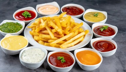 Dipping sauces arranged around French fries