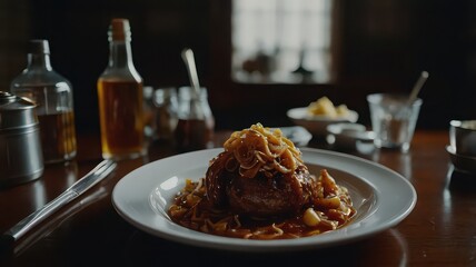 Close up of a plated meat dish with sauce and toppings on a wooden table in a restaurant setting