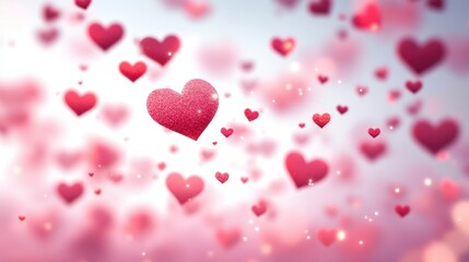 Obraz premium Numerous red and pink hearts floating against a soft blurred background with glowing light spots creating a romantic and dreamy atmosphere