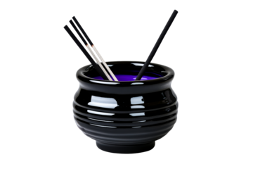 Incense sticks in black holder with purple liquid, cut out transparent