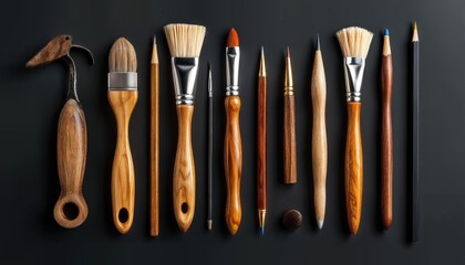 a collection of well-worn artist brushes and tools displayed in a neat row against a dark background.