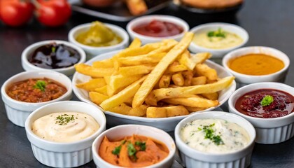 Dipping sauces arranged around French fries