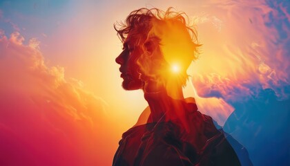 a silhouetted profile of a man is overlaid with a vibrant sunset and cloudscape, creating a dreamy and ethereal portrait.