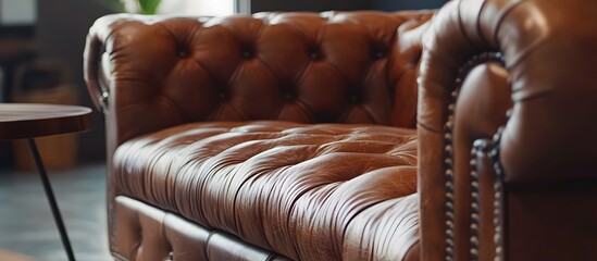 Elegant brown leather sofa, gold nailhead trim, classic style, inviting , furniture, living room, elegant