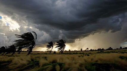 Powerful tropical storm dramatically sweeping across landscape with dark ominous clouds, strong wind blowing palm trees, intense natural weather phenomenon footage