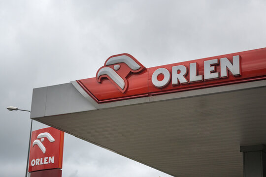 Sign, logo of the Polish chain of petrol stations, Orlen.
