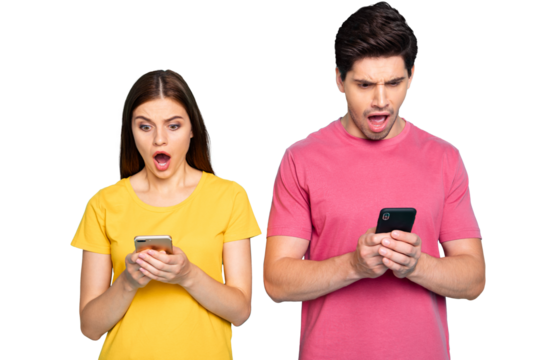 Portrait of his he her she nice attractive nervous mad disappointed couple using cell reading post smm web service bad review isolated over bright vivid shine vibrant green turquoise background - Powered by Adobe