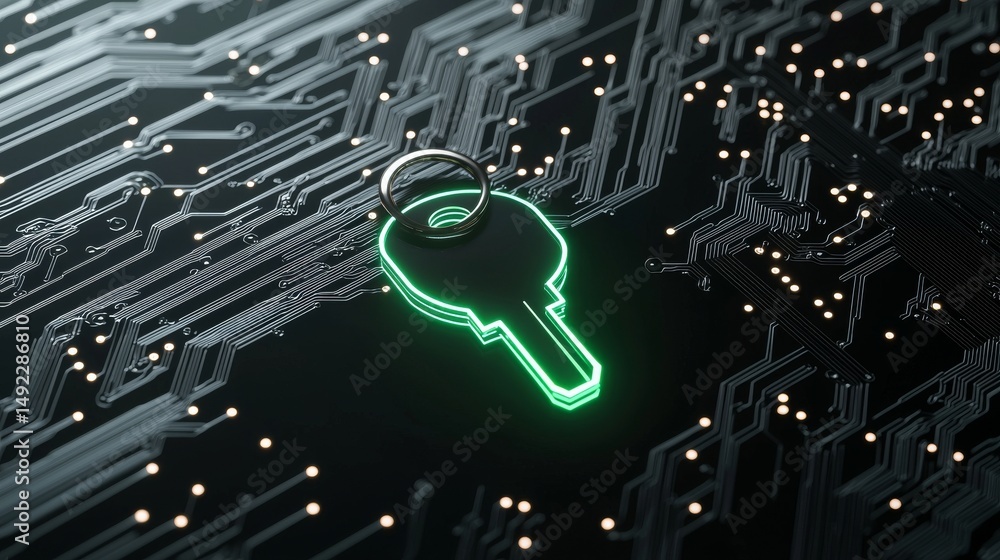 Poster a 3d rendering depicts the green security technology concept as a neon key symbol, brightly colored 