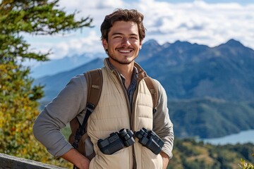 Naklejka premium Smiling man standing outdoors with binoculars hanging from neck, mountains and lake in background, enjoying nature and adventure
