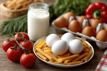 Fresh ingredients for a hearty pasta dish with eggs, tomatoes, and milk on a rustic wooden table