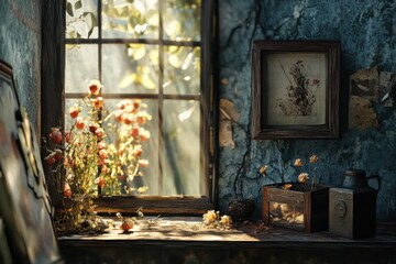 Flowers by the window with rustic decor and sunlight, for home decor, art prints, and vintage themes