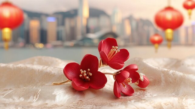 Close-up of a red bauhinia brooch on silk, golden light on petals, festive city backdrop - celebrating Hong Kong's establishment day with elegance. - Powered by Adobe