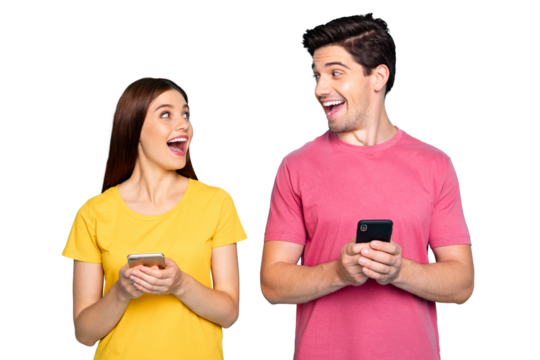 Portrait of his he her she nice attractive charming lovely addicted cheerful cheery couple using cell feednews like share media isolated over bright vivid shine vibrant green turquoise background