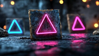 Glowing Neon Triangles on Dark Textured Surface