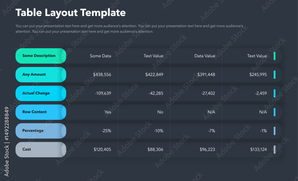 Poster Table layout template with six colorful rows - dark version. Simple flat template for project data visualization.