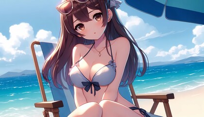 Anime girl in a swimsuit relaxing on the beach under the sun.