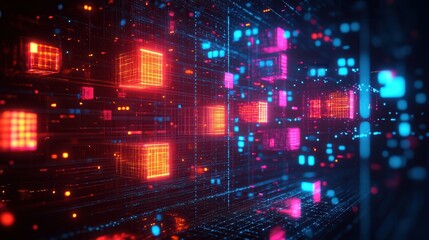 Obraz premium Abstract digital network of glowing blocks