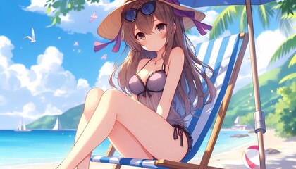 Young anime girl enjoying a seaside vacation.