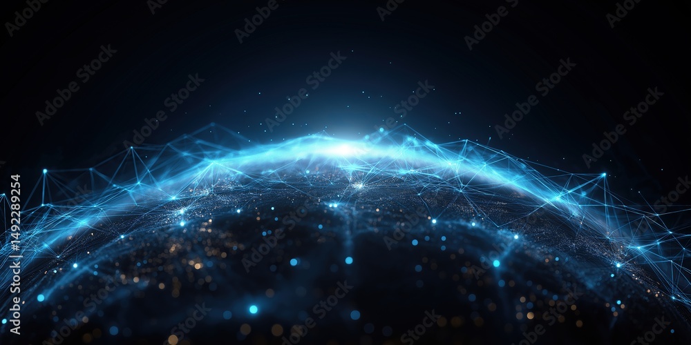 Poster abstract digital earth with glowing blue lines and light particles: technology network concept and b