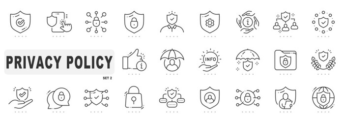 Set of privacy policy related line icons. Protection, shield, datum etc. Editable stroke. Set 2