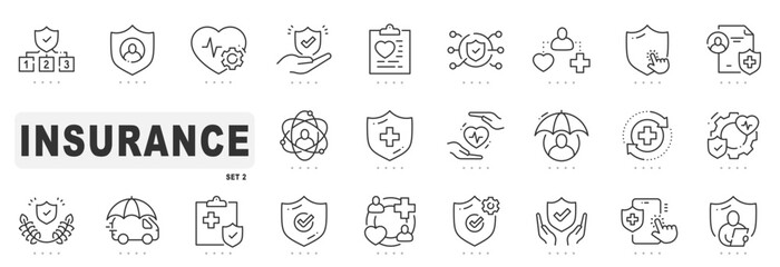 Set of insurance related line icons. Care, protection, health etc. Editable stroke. Set 2