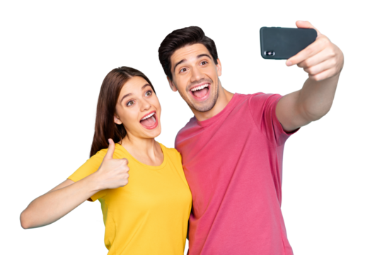 Close-up portrait of his he her she nice attractive lovely cheerful cheery couple making selfie showing thumbup isolated over bright vivid shine vibrant green turquoise background