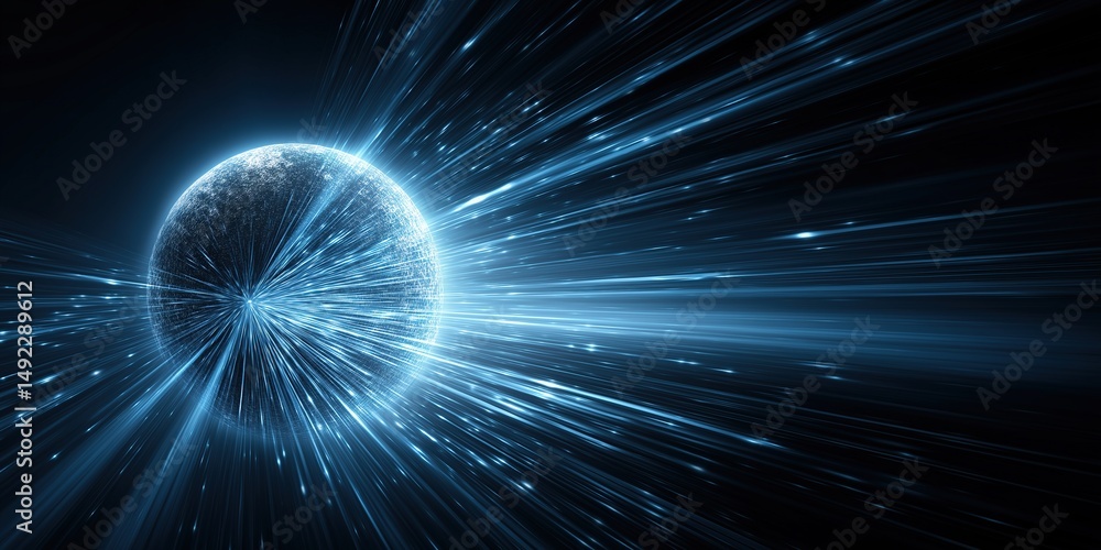 Poster abstract blue light speed background with planet and rays: ai-generated technology concept for futur