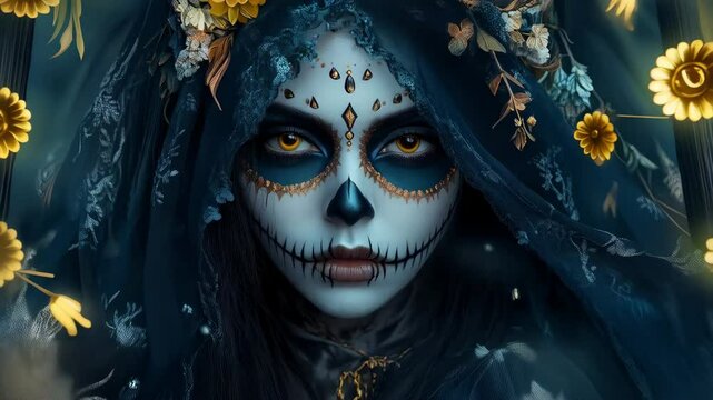 Portrait of mysterious woman with traditional la muerte makeup 