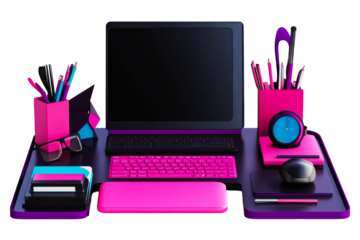 Vibrant Computer Desk Setup, Accessories, and Clock «, cut out transparent"