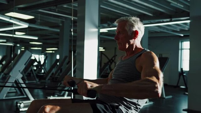 Elderly Man Using Rowing Machine Workout