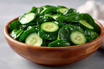 Fresh spinach and cucumber salad with sesame dressing in a wooden bowl
