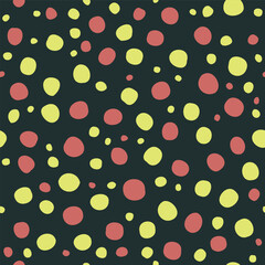 Seamless pattern with Red and yellow Polka Dot on Neon Green background. Eye Catching Seamless Circle Design for Textiles, Wallpapers, surface print and Digital Art Backgrounds.