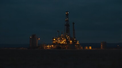 Obraz premium Illuminated oil rig at night with a dark sky and ground under the soft light of the industrial complex