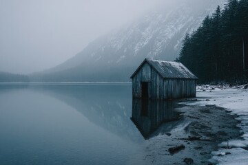 Misty lake cabin