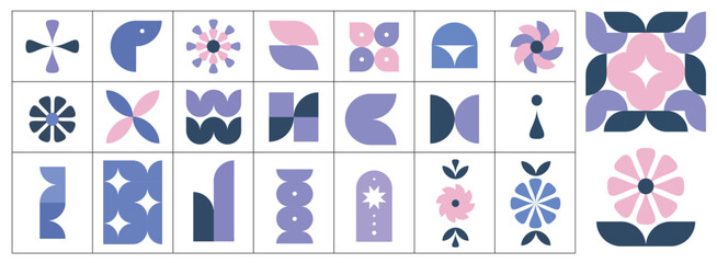 Flower shape vector, floral icon set, symmetrical floral patterns, petals, abstract blossoms, nature design floral elements illustrations. Different Figures of decorations. Тrendy Geometric Abstract