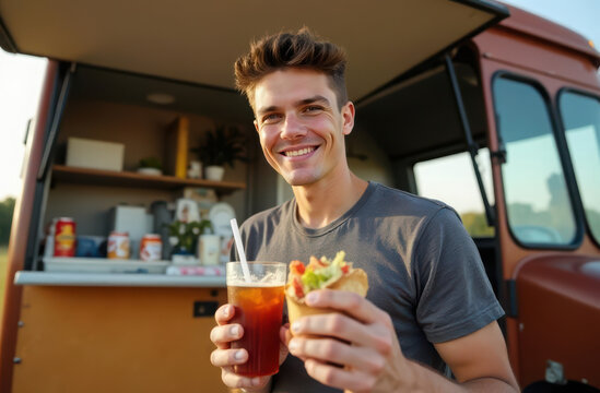 Smiling young man enjoying a refreshing drink and tasty snack at a food truck